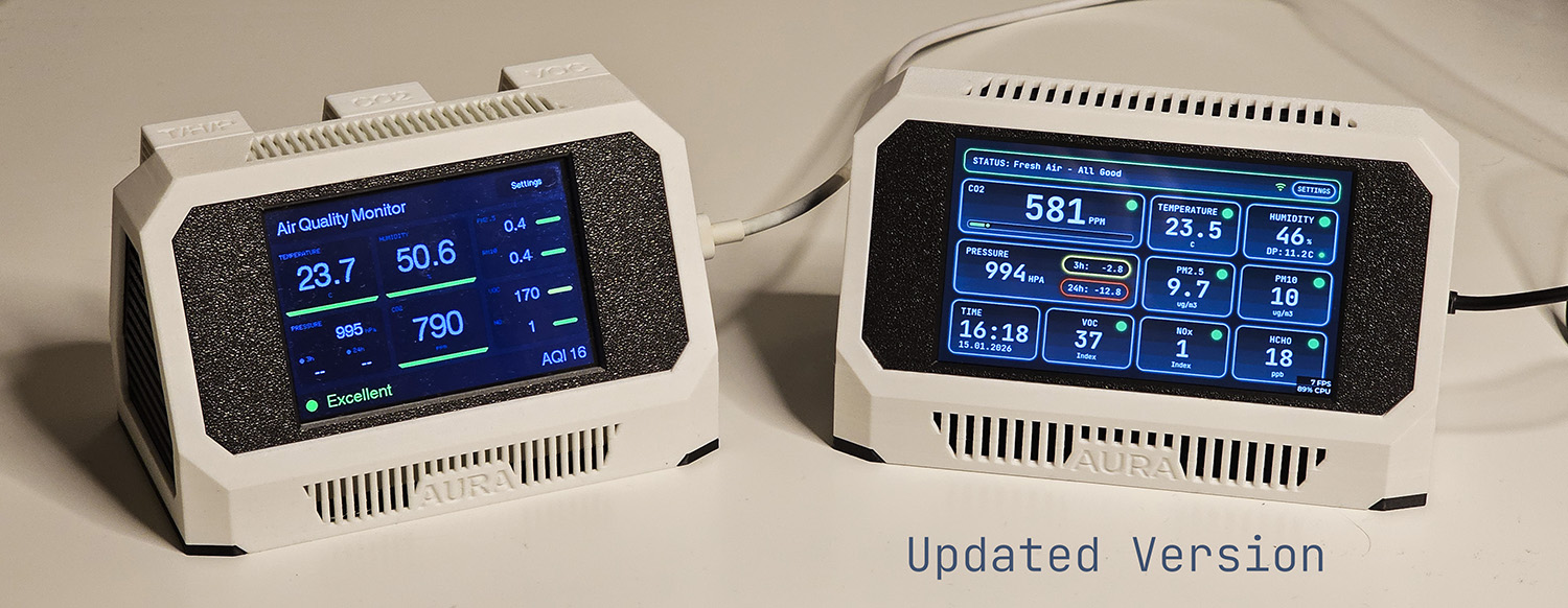 Two earlier Aura builds side by side, showing changes to the enclosure and touchscreen layout